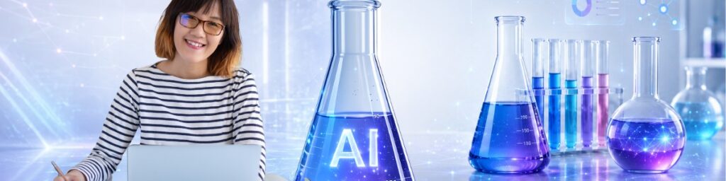 Jonge vrouw zoekt informatie via AI en noteert een prompt