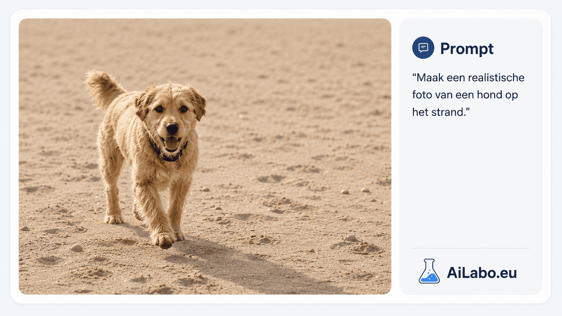 AI-afbeelding van een hond op het strand op basis van een korte prompt