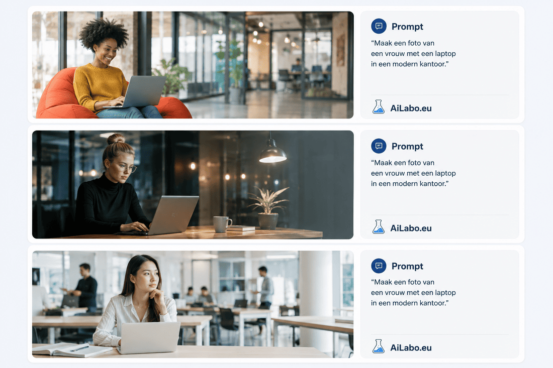 Drie AI-afbeeldingen gemaakt met dezelfde prompt maar met verschillende compositie