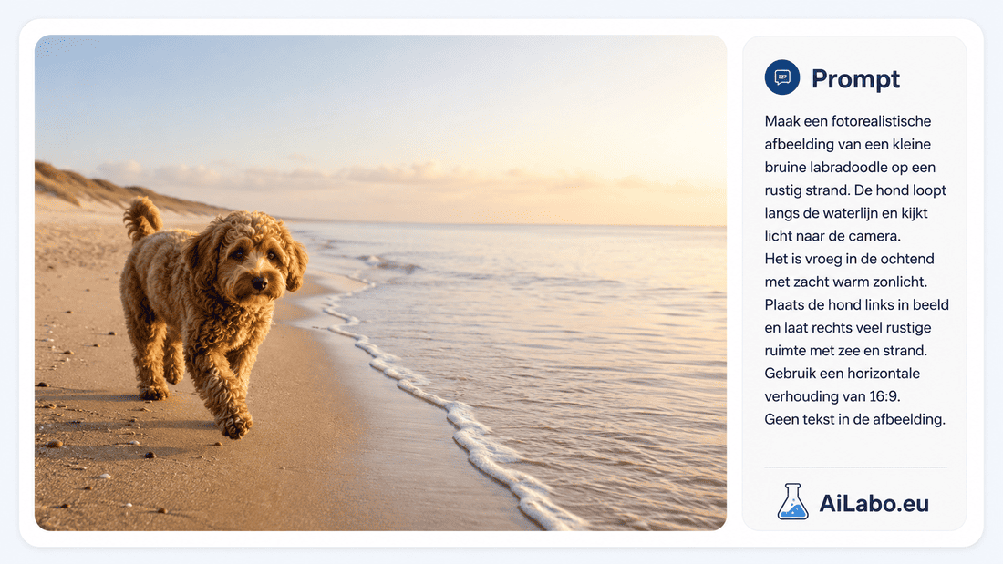 AI-afbeelding van een bruine labradoodle op het strand met een uitgebreidere beeldprompt