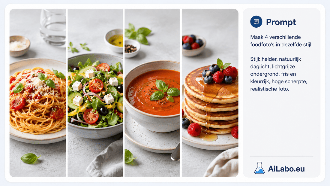 Vier verschillende gerechten als AI-afbeeldingen in een consistente foodfotografiestijl