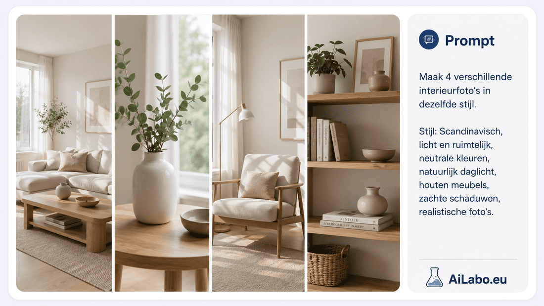 Vier AI-interieurafbeeldingen met een vergelijkbare Scandinavische stijl