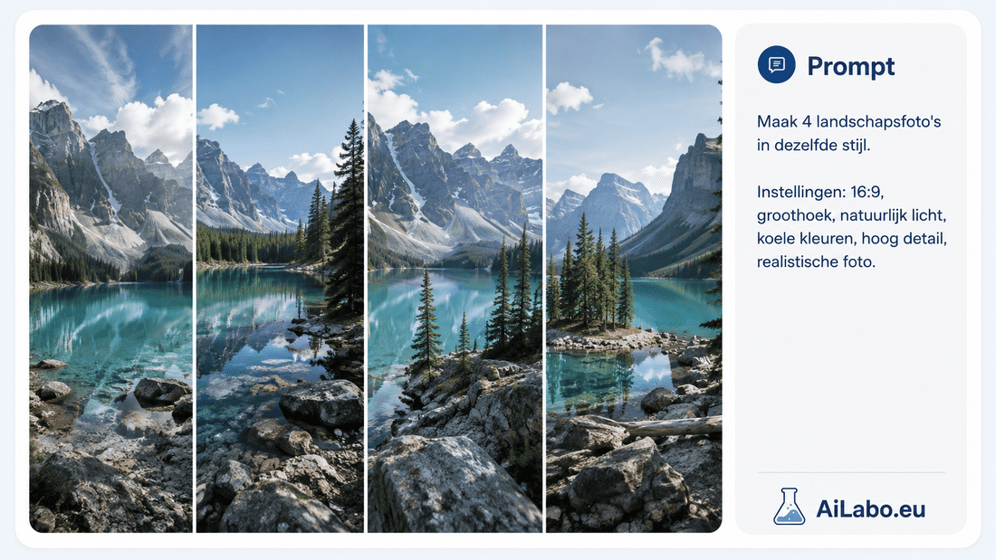 Vier AI-berglandschappen met vergelijkbare belichting, kleurtoon en fotografische stijl